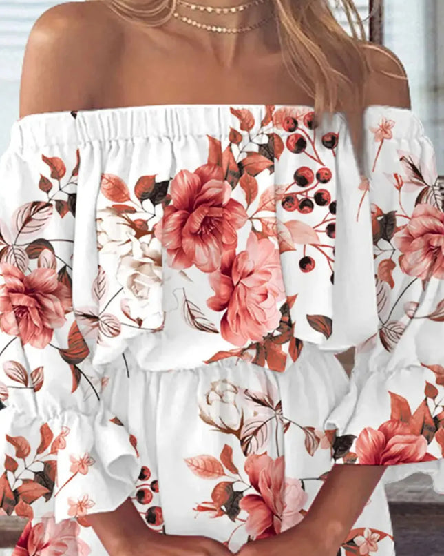 Full Size Floral Off-Shoulder Flounce Sleeve Mini Dress Plus Size 