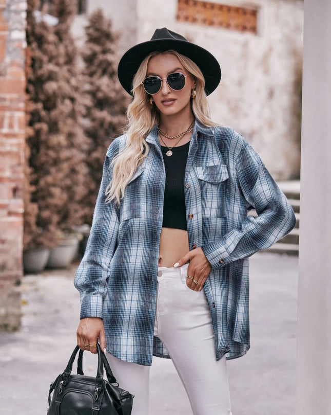 Plaid Button-Down Long Sleeve Shirt Blue