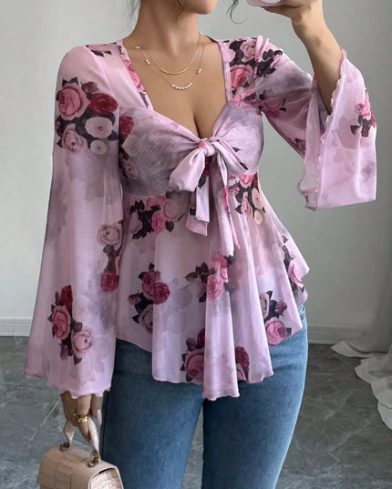 Floral Tie Front Flare Sleeve Blouse