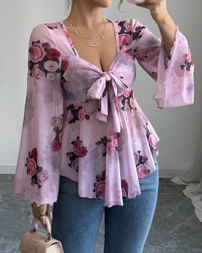 Floral Tie Front Flare Sleeve Blouse