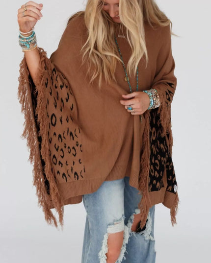 Fringe Leopard Mock Neck Batwing Sleeve Knit Top