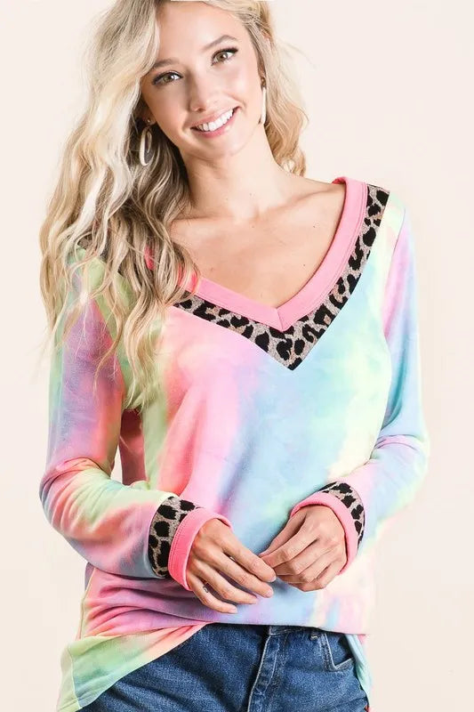 BiBi Tie Dye Terry V-Neck Top PASTEL TIE DYE