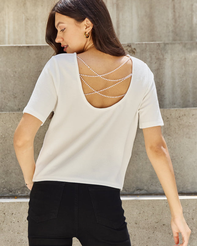 And The Why Pearly White Full Size Criss Cross Pearl Detail Open Back T-Shirt Off White