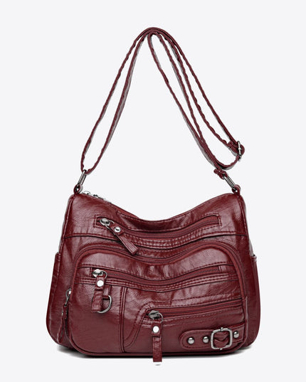 Multi-Pocket PU Leather Crossbody Bag Burgundy One Size