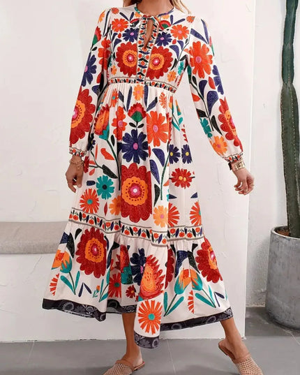 Floral Tie Waist Long Sleeve Dress Color 1