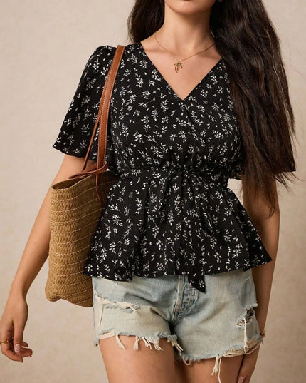 Floral Print Short Sleeve Peplum Blouse Black