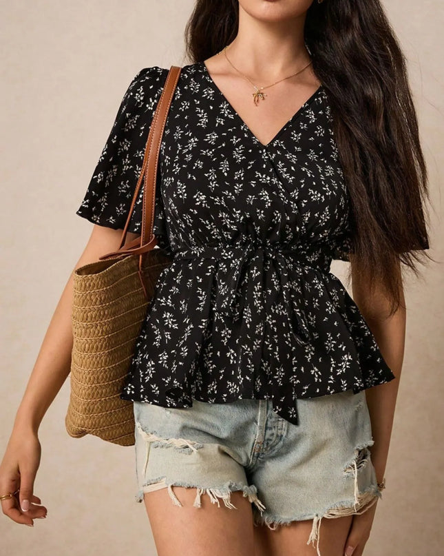 Floral Print Short Sleeve Peplum Blouse Black
