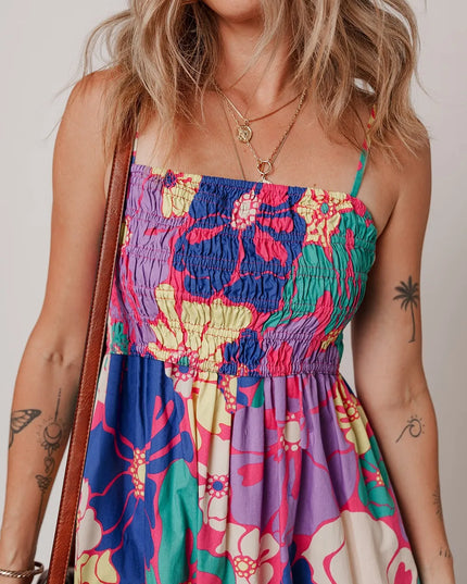 Floral Print Shirred Spaghetti Strap Loose Maxi Dress