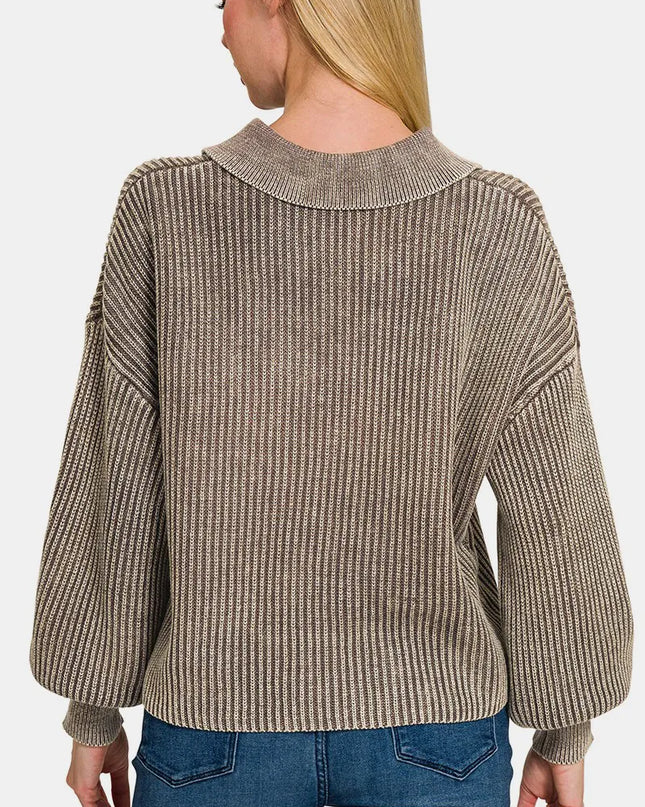 Zenana Washed Half Button Long Sleeve Sweater