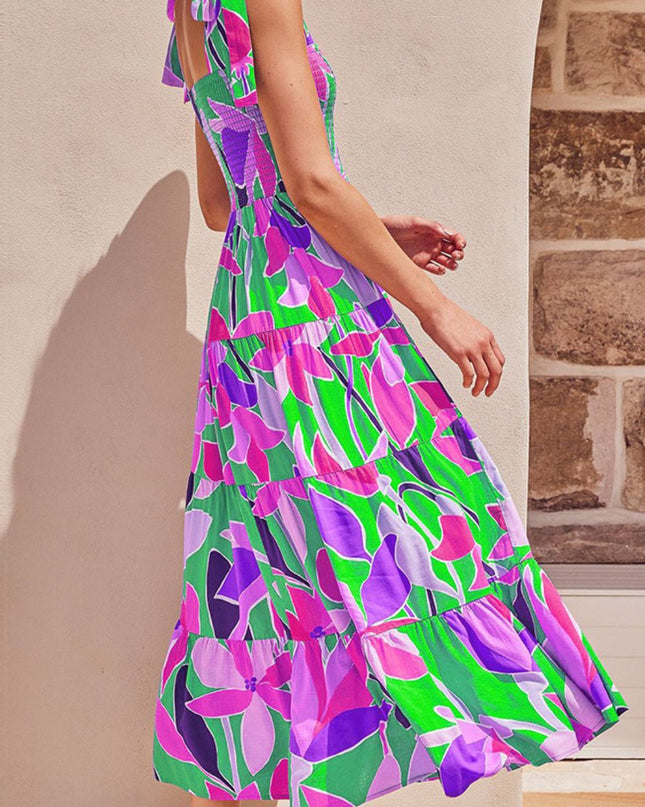 Floral Tie-Shoulder Smocked Midi Dress