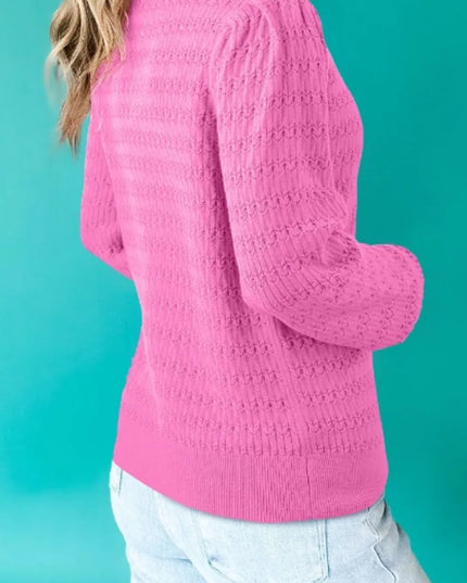Texture Round Neck Long Sleeve Sweater Fuchsia Pink