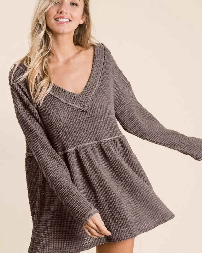 BiBi Waffle Knit V-Neck Babydoll Blouse