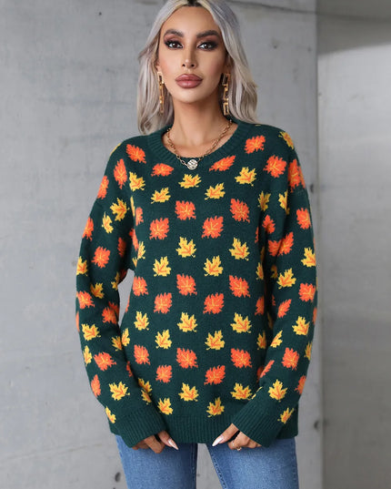 Angel Wings Maple Leaf Round Neck Long Sleeve Sweater