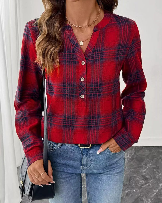Plaid Half Button Long Sleeve Blouse