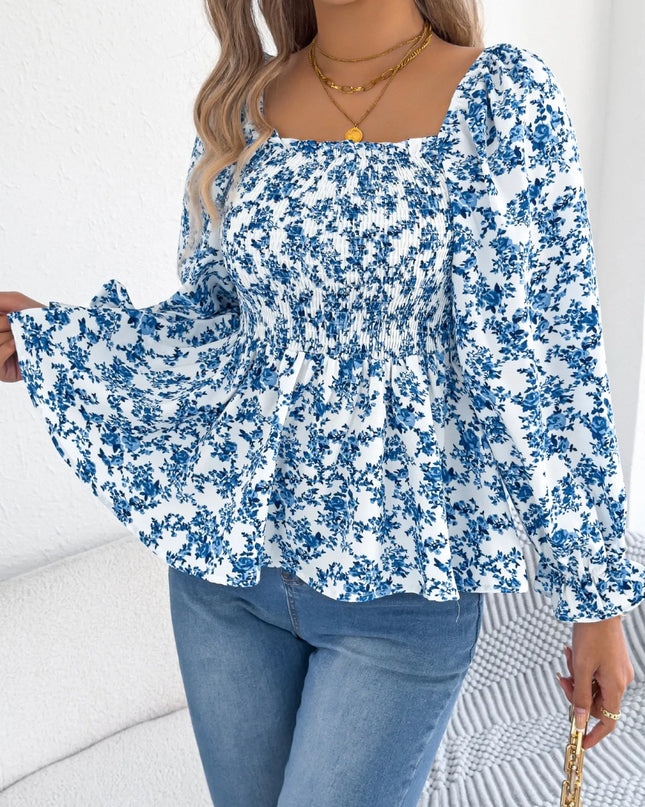 Floral Square Neck Flounce Sleeve Blouse 