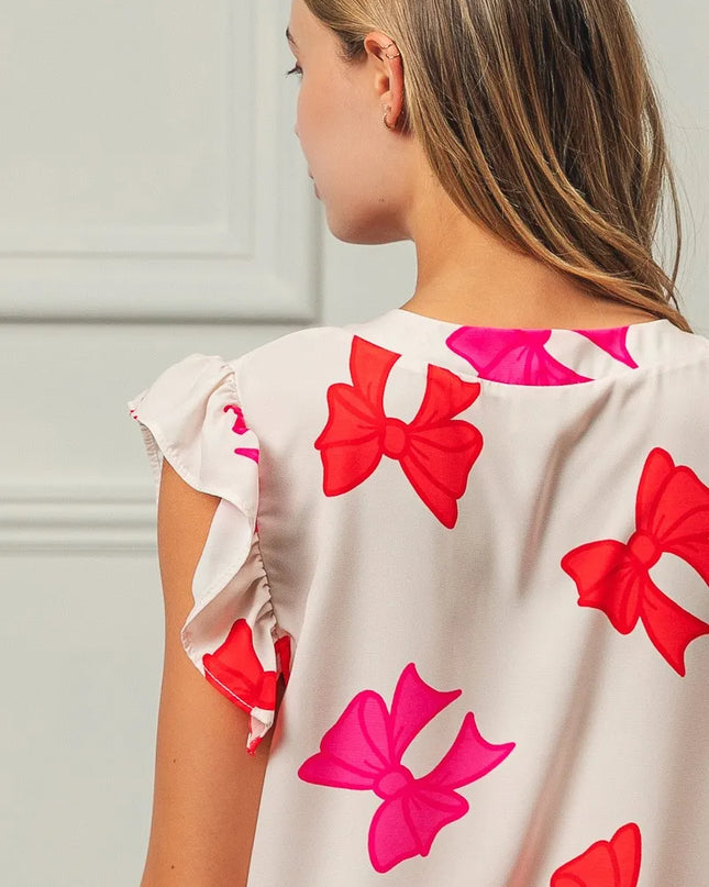 BiBi Bow Printed Woven Ruffled Sleeves V Neck Top