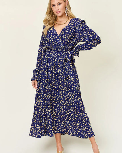 Double Take Full Size Tie Back Flounce Sleeve Dress Dark Blue