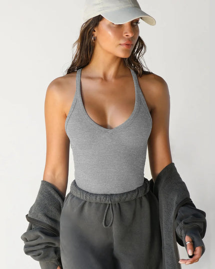 Ribbed V-Neck Halter Tank Top 