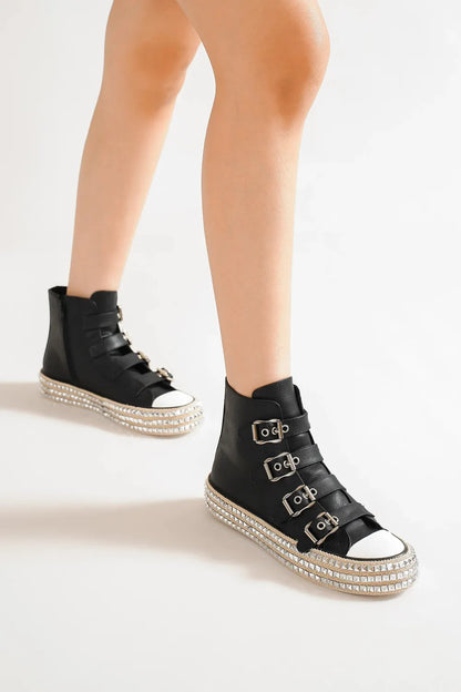 Beast Fashion Multi-Buckle Straps Studded Platform Sneakers Black