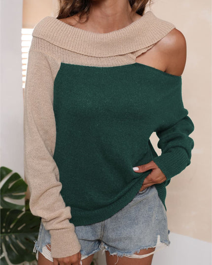 Asymmetrical Long Sleeve Two-Tone Cutout Sweater