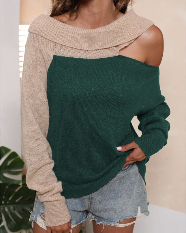 Asymmetrical Long Sleeve Two-Tone Cutout Sweater