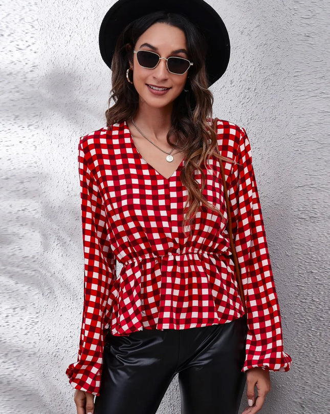 Plaid V-Neck Balloon Sleeve Peplum Blouse Deep Red