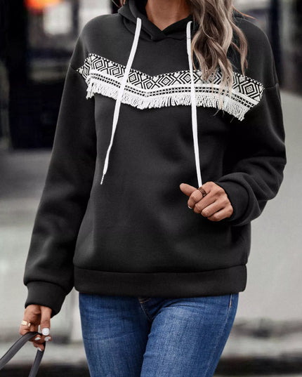 Fringe Detail Long Sleeve Drawstring Hoodie