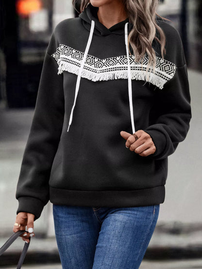Fringe Detail Long Sleeve Drawstring Hoodie