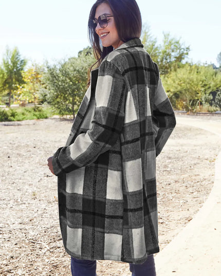 Double Take Full Size Plaid Button Up Lapel Collar Coat