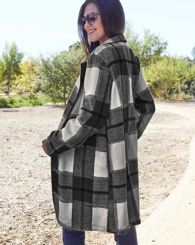 Double Take Full Size Plaid Button Up Lapel Collar Coat