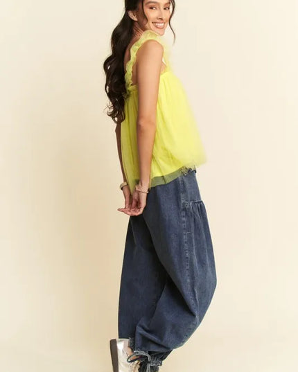 Davi & Dani Shirred Ruffle Strap Tulle Babydoll Top