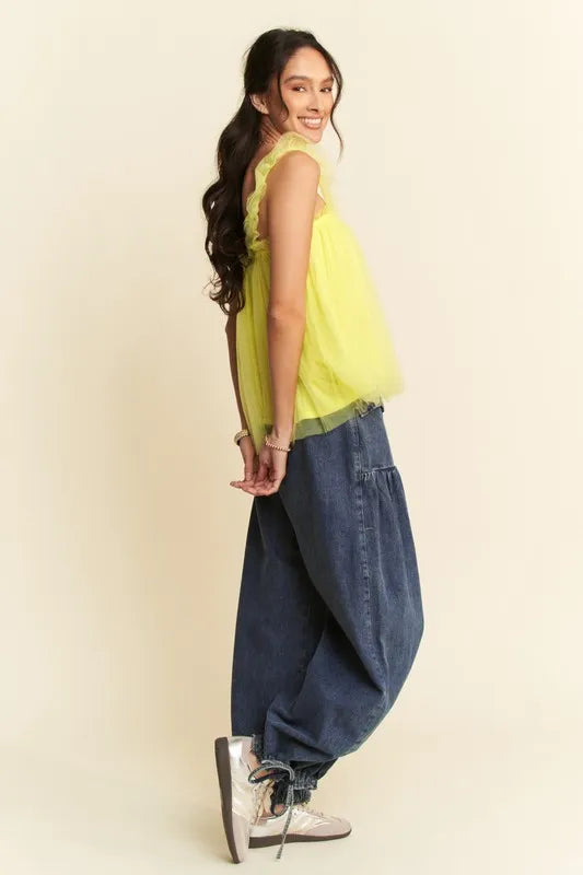 Davi & Dani Shirred Ruffle Strap Tulle Babydoll Top