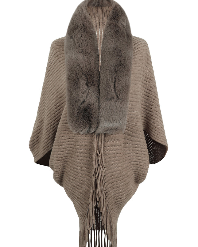 Fringe Detail Long Sleeve Ribbed Poncho Chocolate One Size