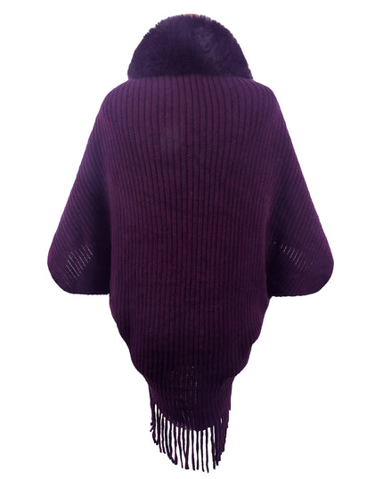 Fringe Detail Long Sleeve Ribbed Poncho