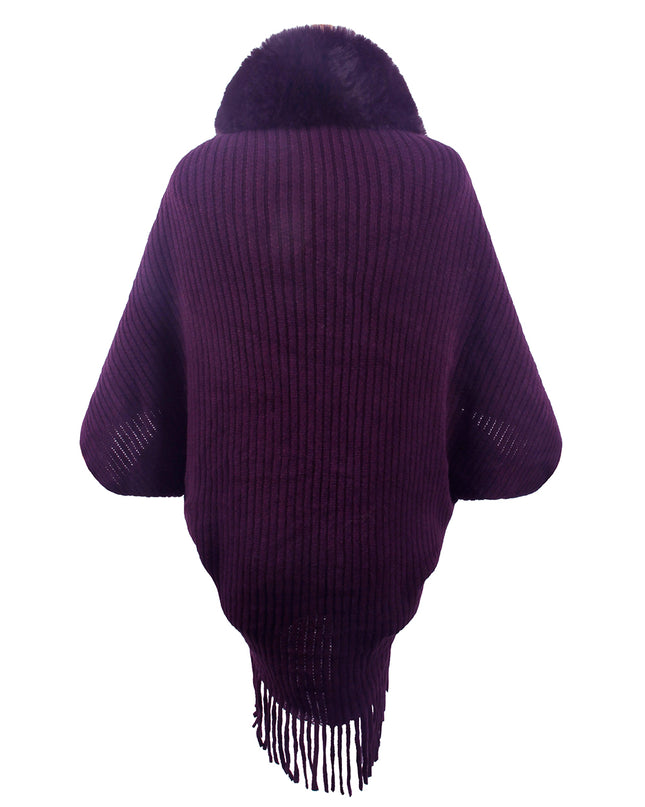 Fringe Detail Long Sleeve Ribbed Poncho