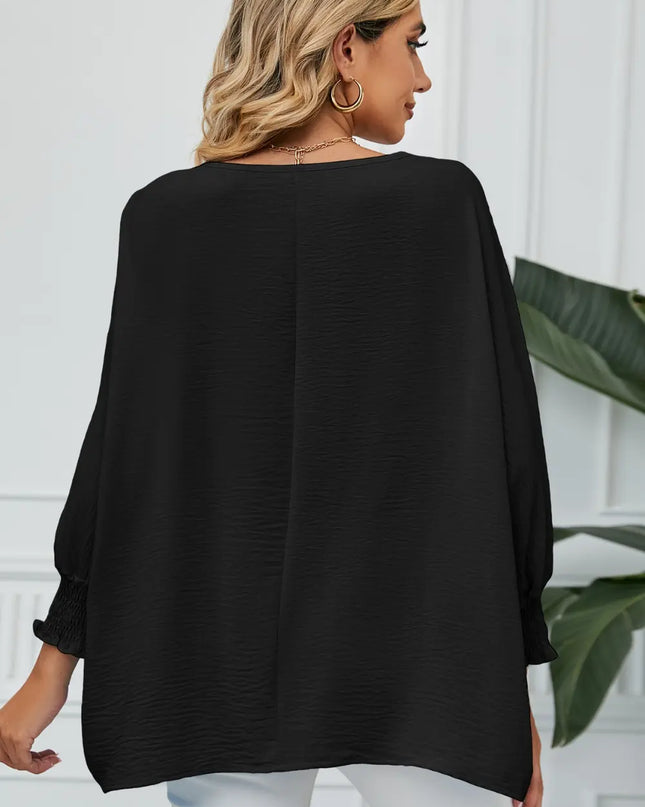 Smocked Lantern Sleeve Round Neck Blouse