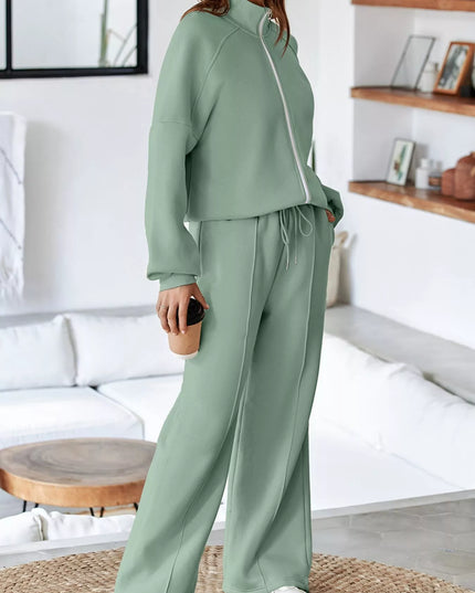 Drop Shoulder Zip Up Jacket and Drawstring Pants Active 2pcs Set