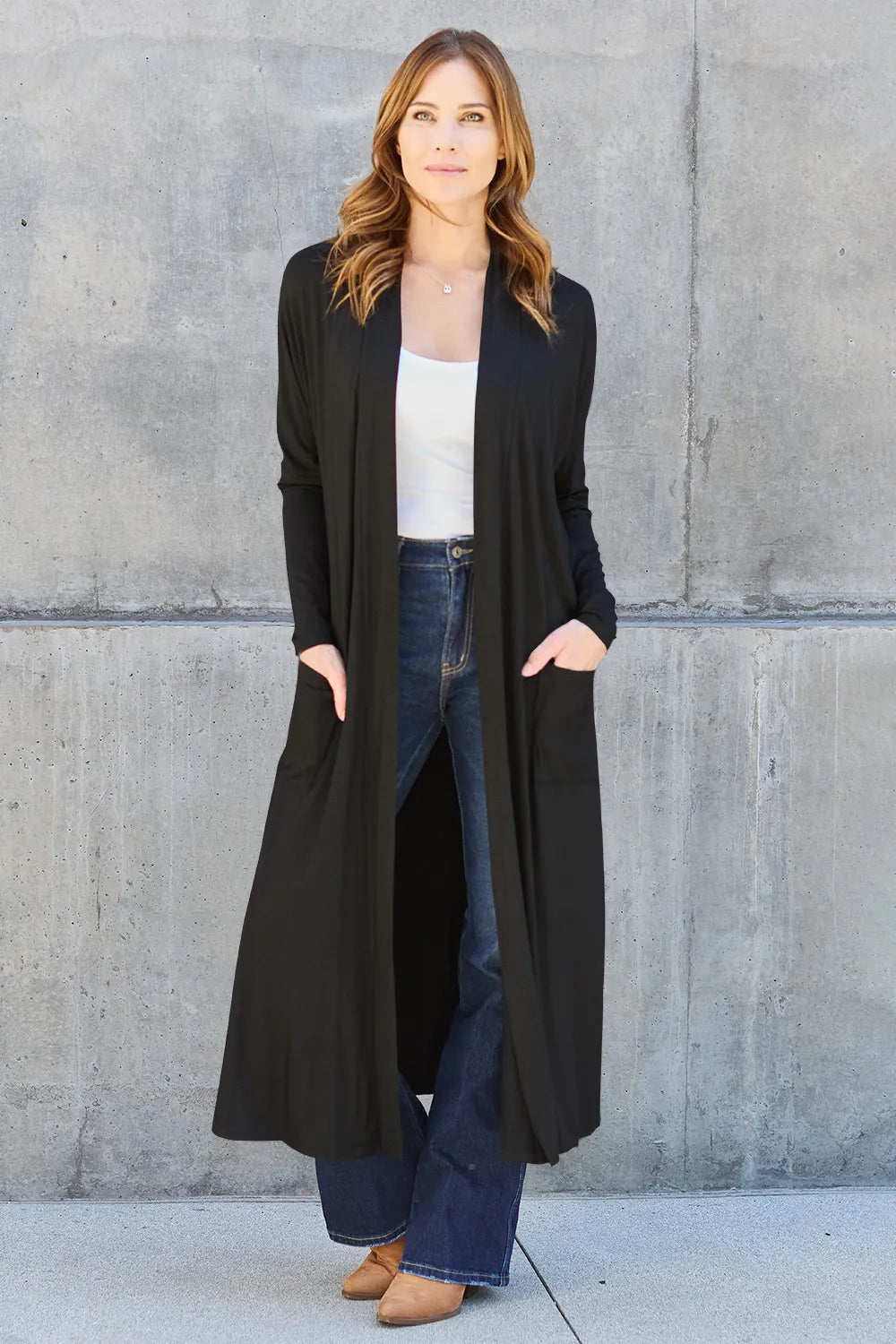 Basic Bae Full Size Open Front Long Sleeve Cover Up Black