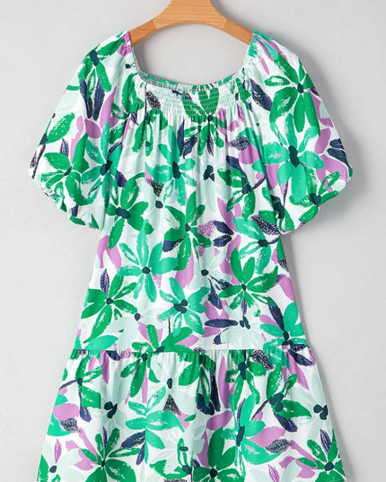 Floral Print Shirred Square Neck Loose Fit Mini Dress