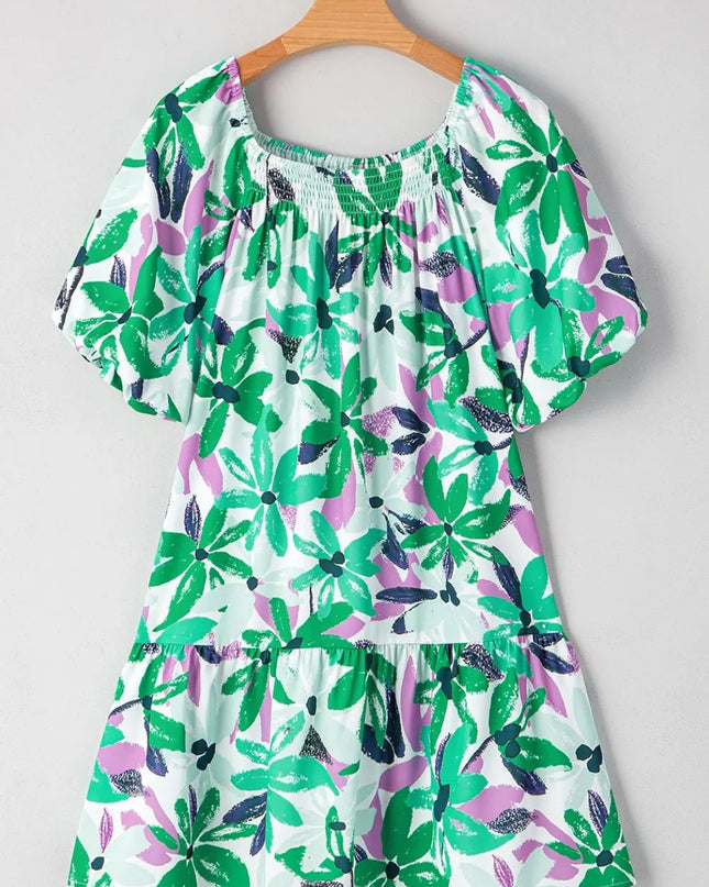 Floral Print Shirred Square Neck Loose Fit Mini Dress