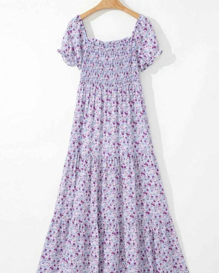 Tiered Floral Shirred High Waist Maxi Dress