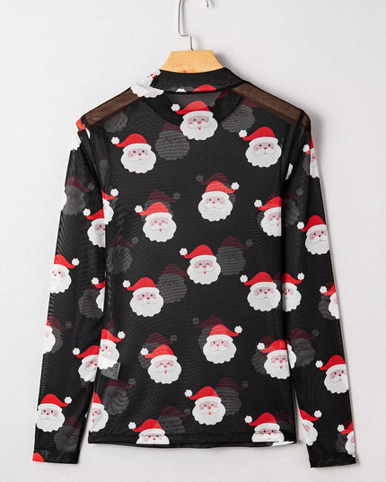 Christmas Santa Print Mesh Long Sleeve Top