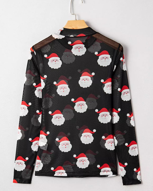 Christmas Santa Print Mesh Long Sleeve Top
