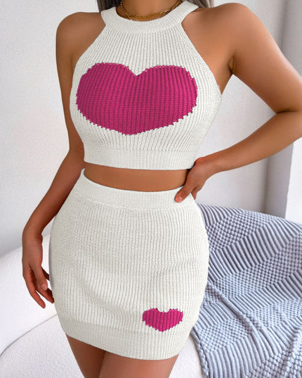 Heart Contrast Ribbed Sleeveless Knit Top and Skirt Set