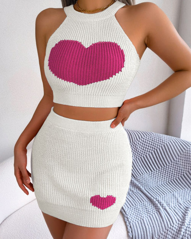 Heart Contrast Ribbed Sleeveless Knit Top and Skirt Set