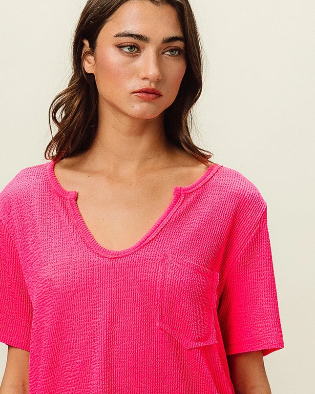 BiBi Waved Rib U Neck Top With Front Pocket FUCHSIA