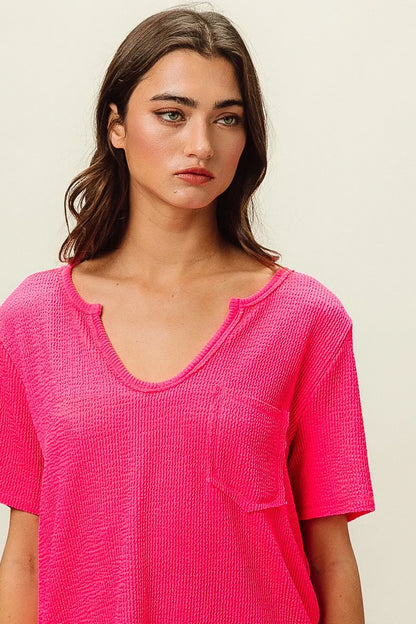 BiBi Waved Rib U Neck Top With Front Pocket FUCHSIA