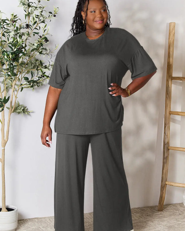 Double Take Full Size Round Neck Slit Top and Pants Set