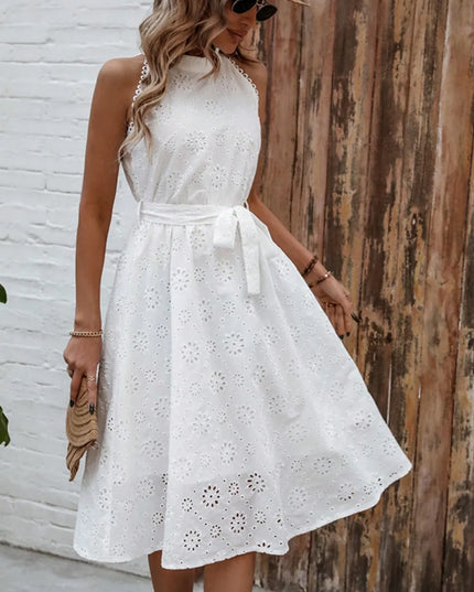 Eyelet Grecian Neck Tie Waist Midi Dress