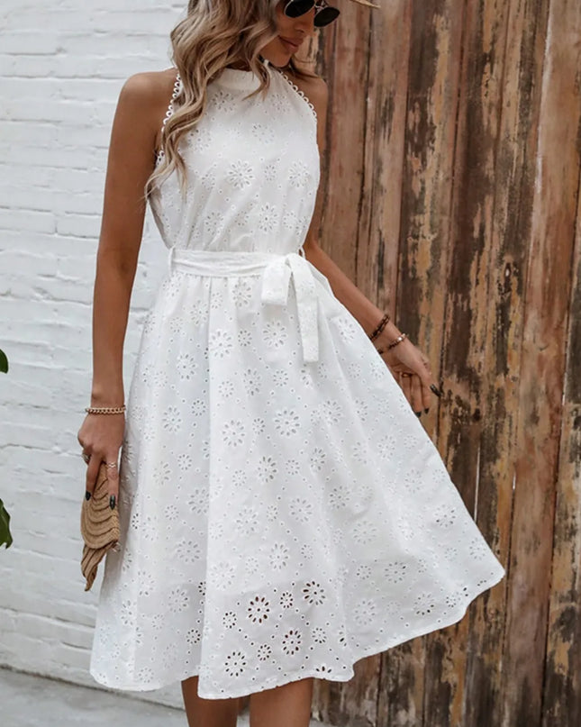 Eyelet Grecian Neck Tie Waist Midi Dress